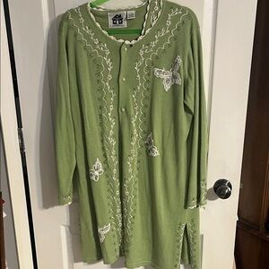 Storybook Knits Green Cardigan with Floral Embroidery